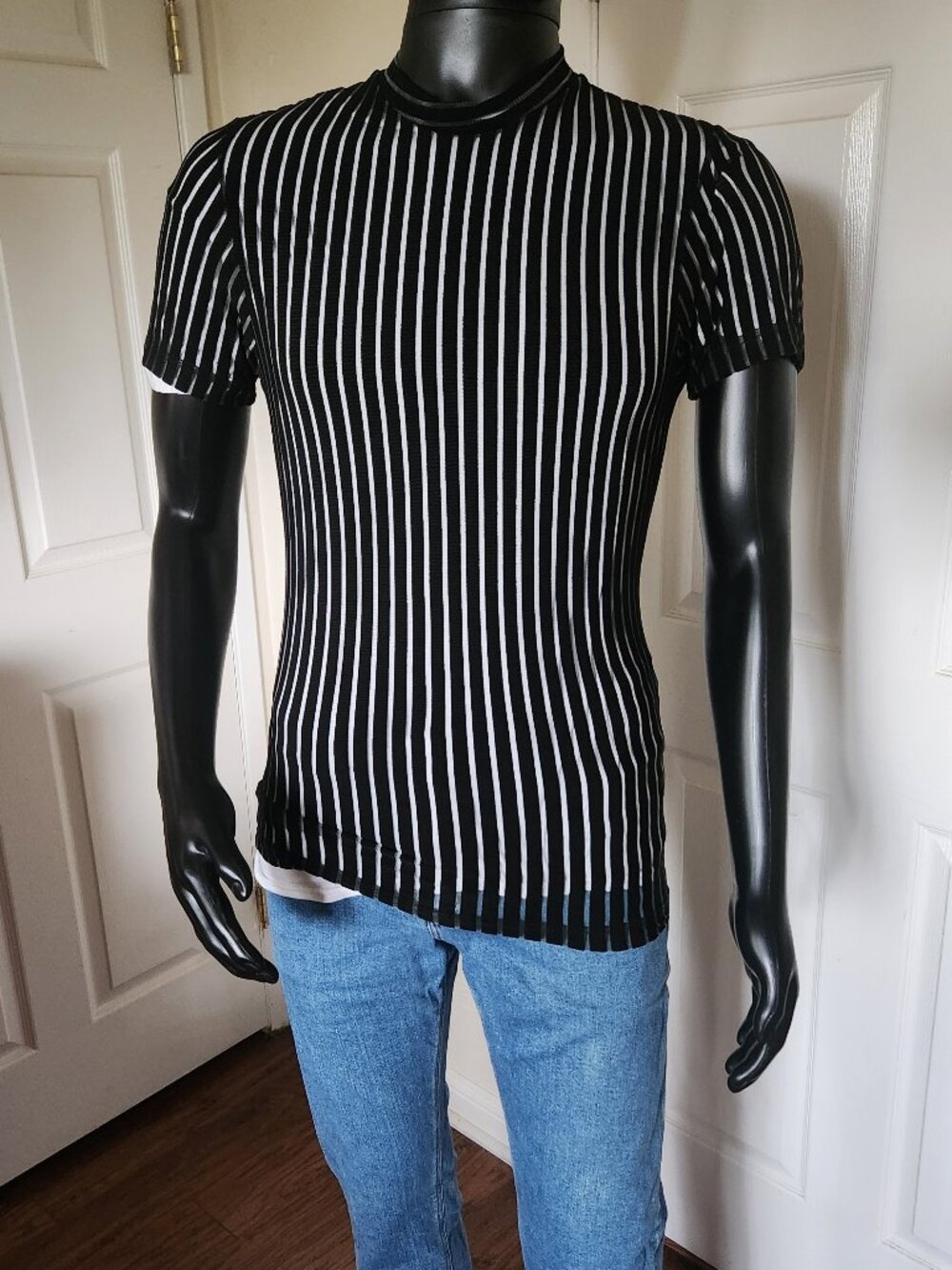 Black Sheer Stripe Short-sleeve Club Shirt by Studio XTC of New York, Size M